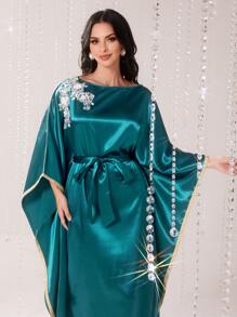Modelyn Applique Detail Batwing Sleeve Belted Dress Kaftan Jalabiya Dress - Teal Blue - View 5