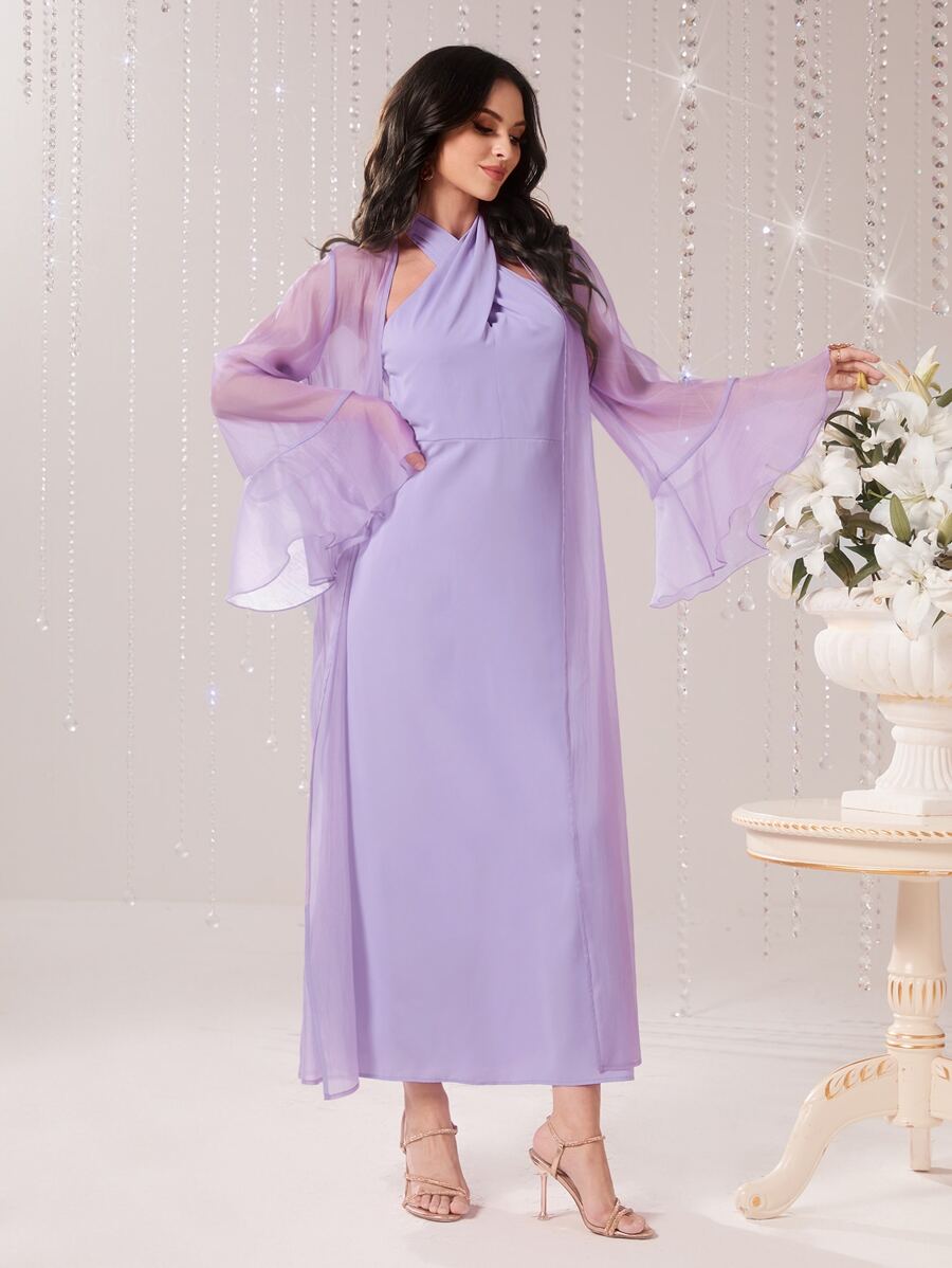 Modelyn 腰帶荷葉袖歐根紗外套和掛脖洋裝