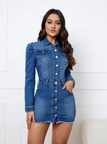 SHEIN Privé 翻蓋口袋羊腿袖毛邊牛仔洋裝