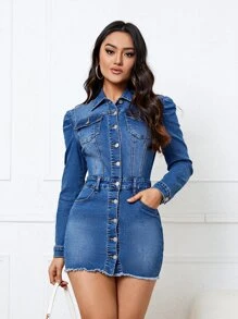 SHEIN Privé 翻蓋口袋羊腿袖毛邊牛仔洋裝