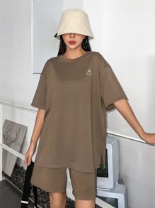 DAZY Geo Print Split Hem Drop Shoulder Tee & Shorts - Coffee Brown - View 1