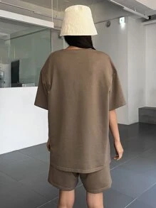 DAZY Geo Print Split Hem Drop Shoulder Tee & Shorts - Coffee Brown - View 2