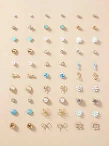 30對花和愛心設計耳釘 - 彩色 - 查看 1