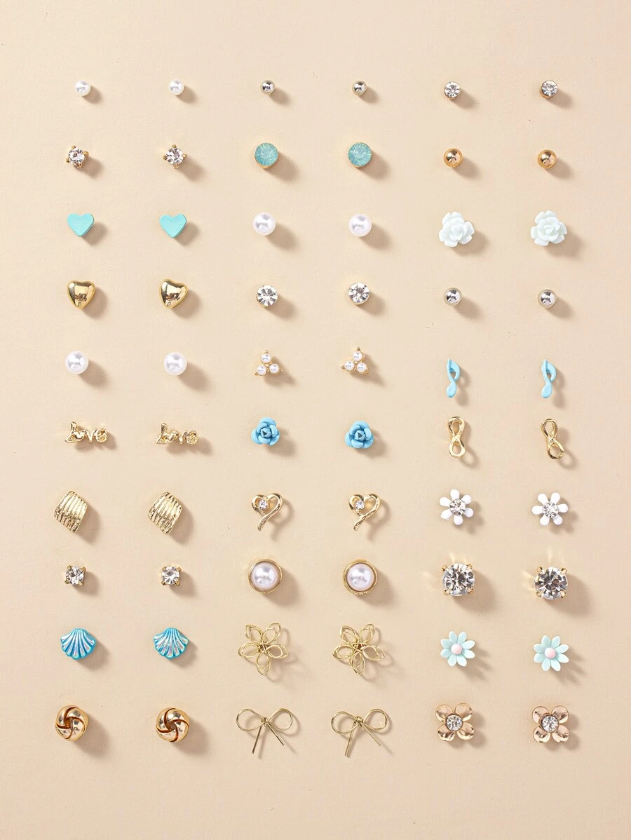 30對花和愛心設計耳釘 - 彩色 - 查看 1