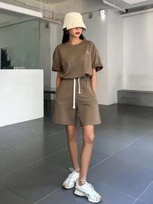 DAZY Geo Print Split Hem Drop Shoulder Tee & Shorts - Coffee Brown - View 5