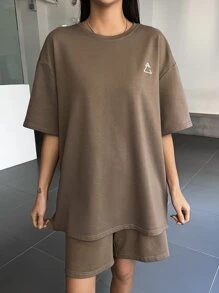 DAZY Geo Print Split Hem Drop Shoulder Tee & Shorts - Coffee Brown - View 6