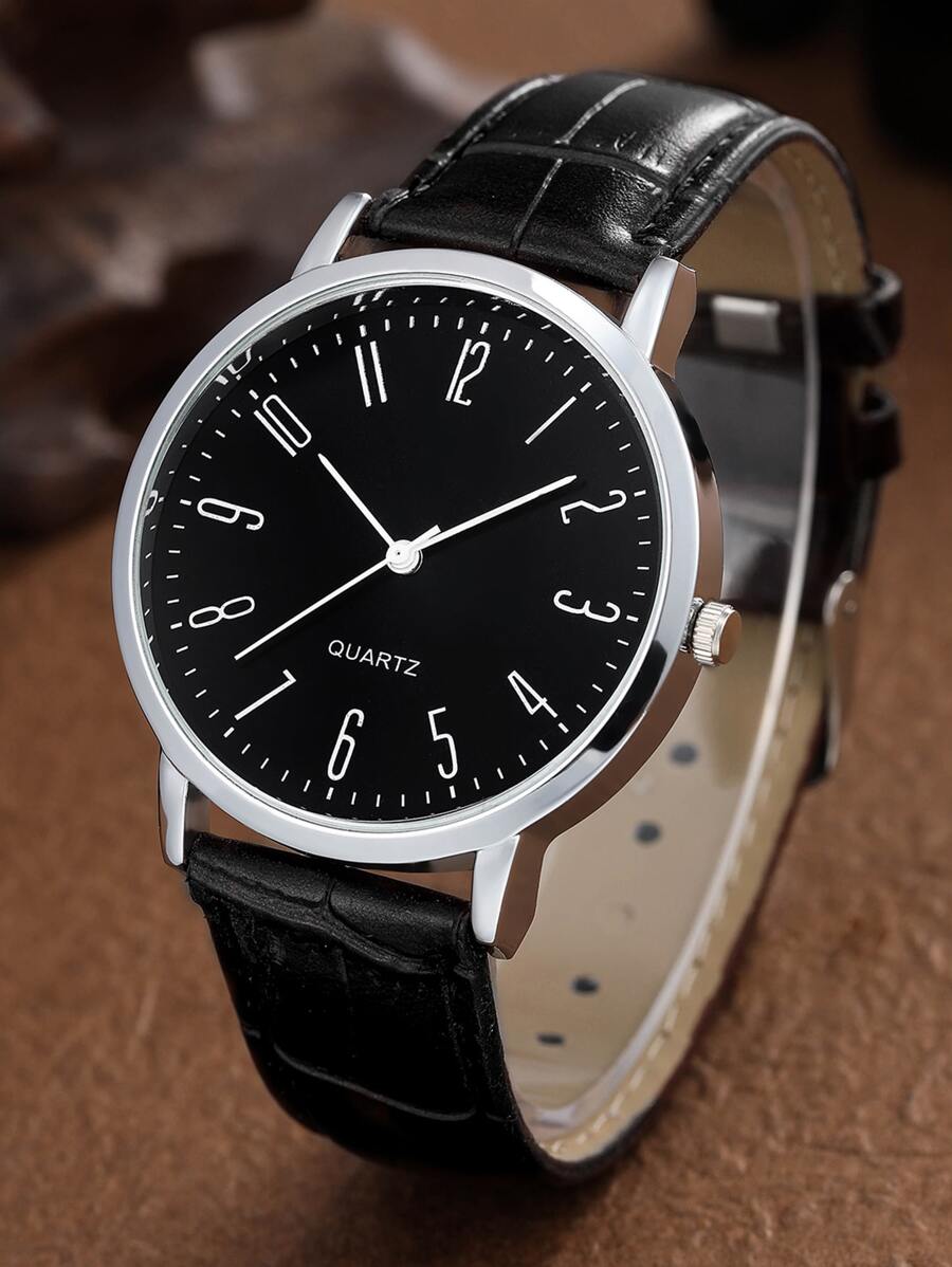 男士圓形指針石英手錶 - 黑色 - 查看 1