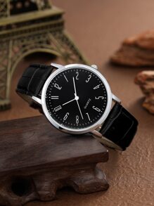 男士圓形指針石英手錶 - 黑色 - 查看 2