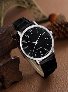男士圓形指針石英手錶 - 黑色 - 查看 3