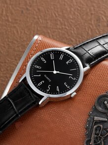 男士圓形指針石英手錶 - 黑色 - 查看 4