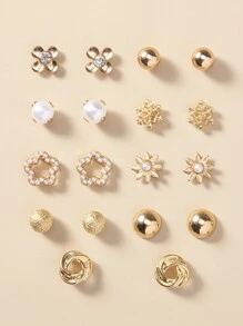 9pairs Faux Pearl & Flower Decor Stud Earrings Valentines,Mom,Mother,Mother's Day,Gift - Yellow Gold - View 1