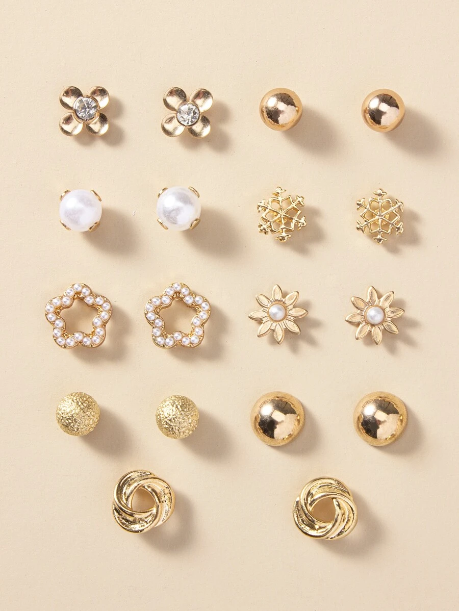 9pairs Faux Pearl & Flower Decor Stud Earrings Valentines,Mom,Mother,Mother's Day,Gift - Yellow Gold - View 1