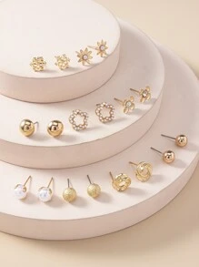 9pairs Faux Pearl & Flower Decor Stud Earrings Valentines,Mom,Mother,Mother's Day,Gift - Yellow Gold - View 2