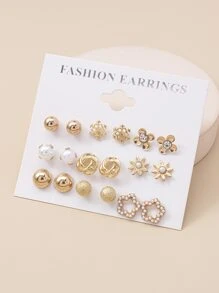 9pairs Faux Pearl & Flower Decor Stud Earrings Valentines,Mom,Mother,Mother's Day,Gift - Yellow Gold - View 3