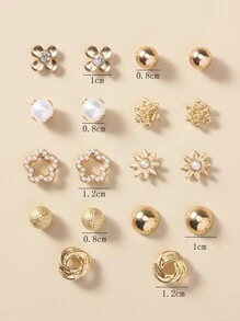 9pairs Faux Pearl & Flower Decor Stud Earrings Valentines,Mom,Mother,Mother's Day,Gift - Yellow Gold - View 5