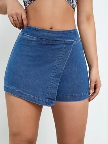 SHEIN Essnce 高腰圍裹牛仔裙褲 - 中等水洗藍 - 查看 1