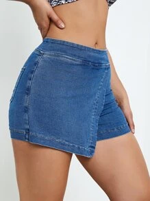 SHEIN Essnce 高腰圍裹牛仔裙褲 - 中等水洗藍 - 查看 3