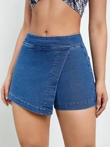 SHEIN Essnce 高腰圍裹牛仔裙褲 - 中等水洗藍 - 查看 6