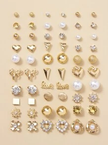 30pairs Rhinestone & Faux Pearl Decor Stud Earrings - Yellow Gold - View 1