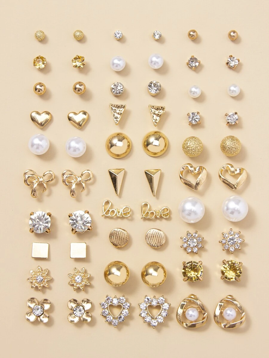 30pairs Rhinestone & Faux Pearl Decor Stud Earrings - Yellow Gold - View 1