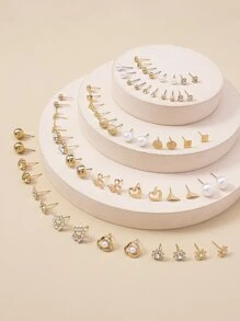 30pairs Rhinestone & Faux Pearl Decor Stud Earrings - Yellow Gold - View 2