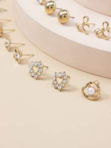 30pairs Rhinestone & Faux Pearl Decor Stud Earrings - Yellow Gold - View 3