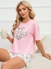 Cartoon Graphic Tee & Shorts PJ Set - Multicolor - View 3