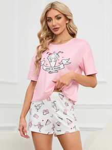 Cartoon Graphic Tee & Shorts PJ Set - Multicolor - View 1