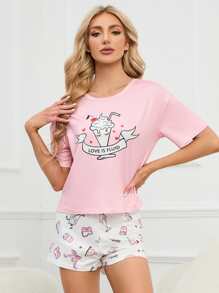 Cartoon Graphic Tee & Shorts PJ Set - Multicolor - View 4
