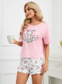 Cartoon Graphic Tee & Shorts PJ Set - Multicolor - View 5