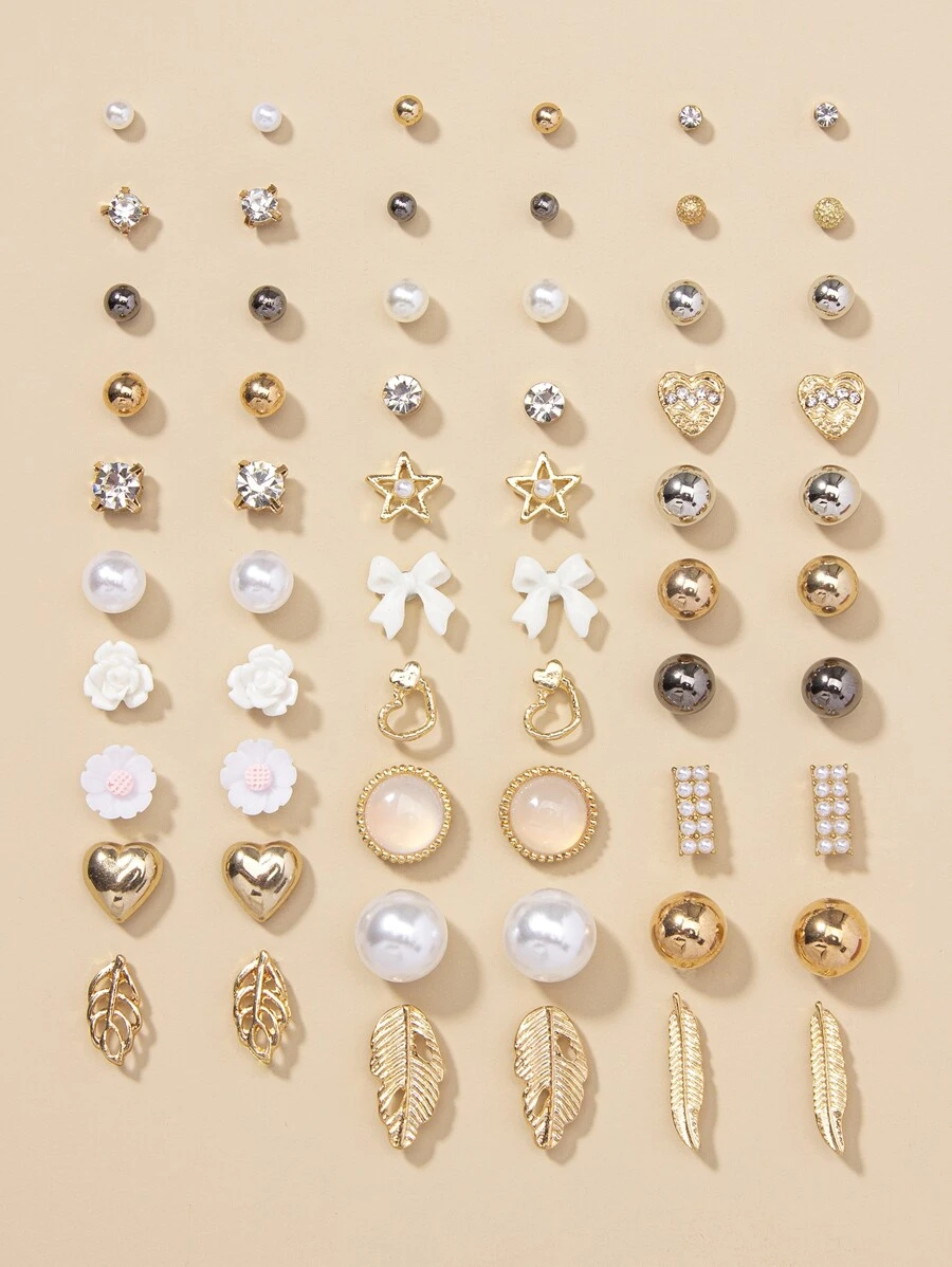 30對/套花和愛心裝飾耳釘 - 彩色 - 查看 1