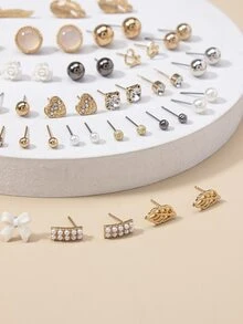 30對/套花和愛心裝飾耳釘 - 彩色 - 查看 2