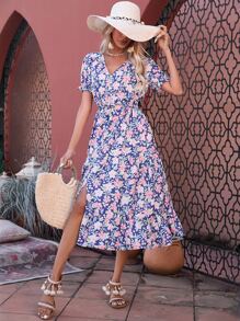 SHEIN VCAY Allover Floral Print Half Button Puff Sleeve Split Thigh Dress - Multicolor - View 1