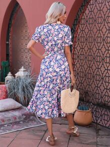 SHEIN VCAY Allover Floral Print Half Button Puff Sleeve Split Thigh Dress - Multicolor - View 2