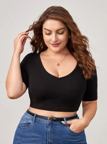 SHEIN BASICS Plus Solid V Neck Short Sleeve Crop Tee - Black - View 1