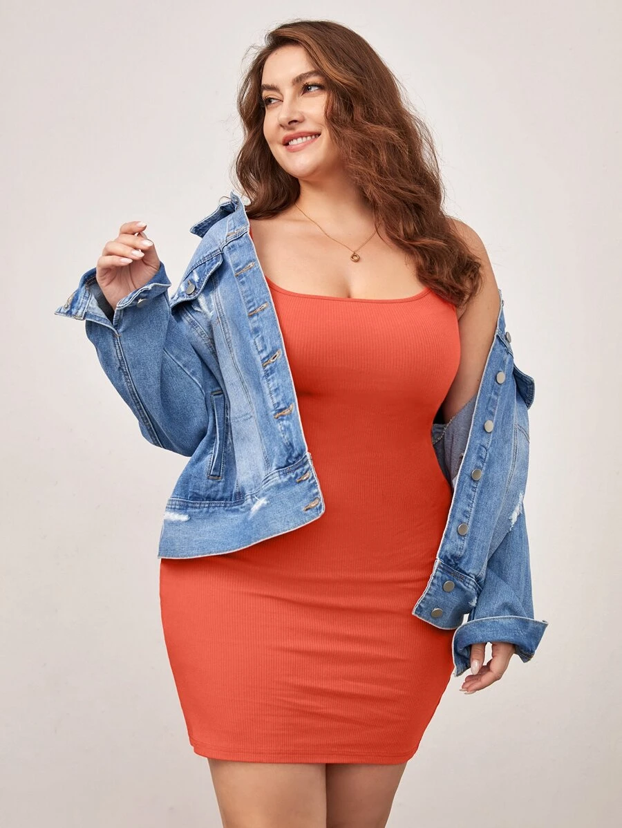 SHEIN BASICS Plus 1pc Solid Cami Bodycon Dress - Orange - View 1
