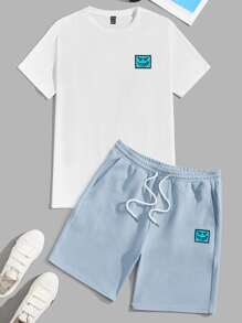 Manfinity Men Cartoon Graphic Tee & Drawstring Waist Shorts - Baby Blue - View 1