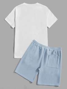 Manfinity Men Cartoon Graphic Tee & Drawstring Waist Shorts - Baby Blue - View 2