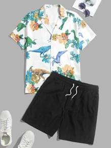 Manfinity Men Dinosaur Print Shirt & Drawstring Waist Shorts - White - View 1