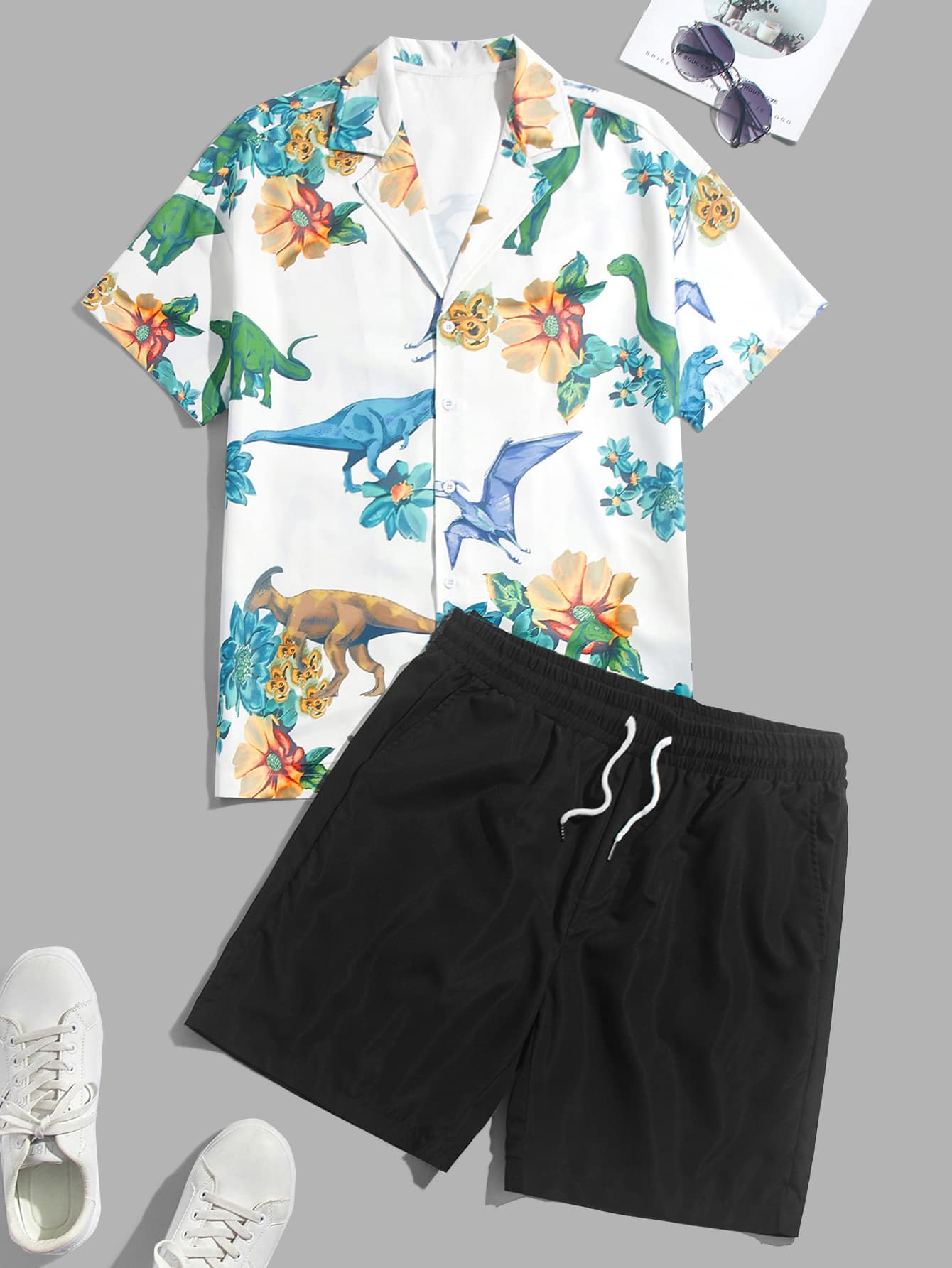 Manfinity Men Dinosaur Print Shirt & Drawstring Waist Shorts - White - View 1