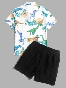 Manfinity Men Dinosaur Print Shirt & Drawstring Waist Shorts - White - View 2