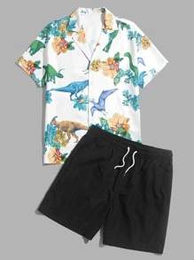 Manfinity Men Dinosaur Print Shirt & Drawstring Waist Shorts - White - View 3