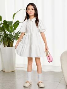 SHEIN Chicas Vestido de manga farol bajo con fruncido - Blanco - Ver 2