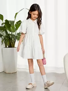 SHEIN Chicas Vestido de manga farol bajo con fruncido - Blanco - Ver 4