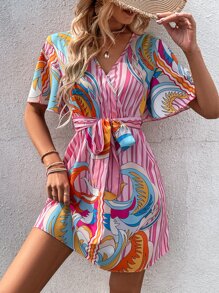 SHEIN VCAY Striped & Graphic Print Belted Dress - Pink - View 3
