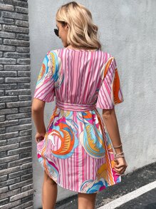 SHEIN VCAY Striped & Graphic Print Belted Dress - Pink - View 2