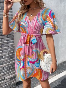 SHEIN VCAY Striped & Graphic Print Belted Dress - Pink - View 4