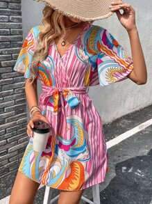 SHEIN VCAY Striped & Graphic Print Belted Dress - Pink - View 5