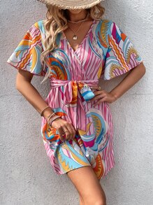 SHEIN VCAY Striped & Graphic Print Belted Dress - Pink - View 6