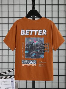 SHEIN Boys Figure & Slogan Graphic Tee - Brown - View 1